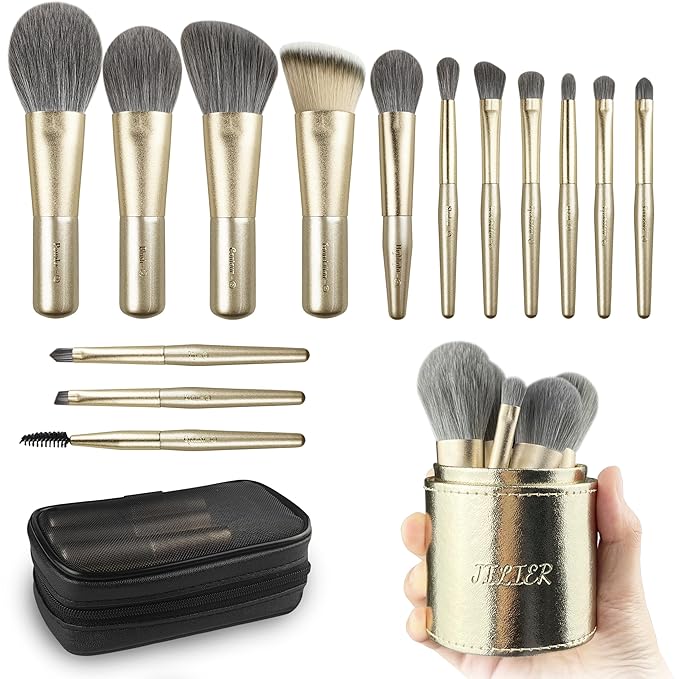 Jilier Travel Makeup Brush Set, 14 pcs Mini Makeup Brushes for Foundation, Powder, Eyeshadow, Highlight, Contour, Blush & Concealer, Small Makeup Brush Set Purse Size with Case