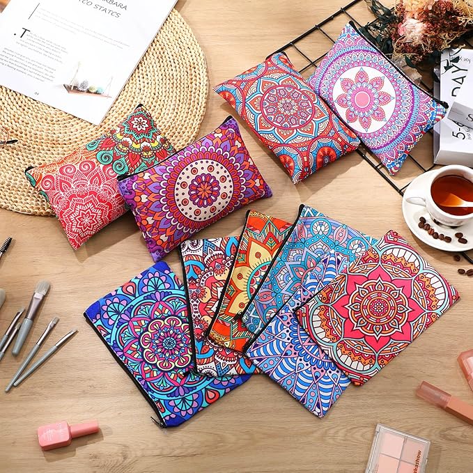 Eccliy 20 Pcs Mandala Makeup Bag Mandala Cosmetic Bag Canvas Gifts Mandala Accessories for Girls Toiletry Pouch with Zipper for Women Party, 8 x 5 Inch