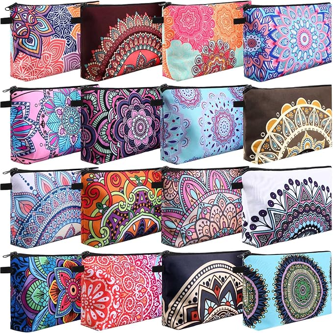 Dunzy 16 Pcs Makeup Bags Bulk Waterproof Cosmetic Bags Cna Week Graduation Gifts Roomy Zipper Pouch Travel Toiletry Portable Organizer Accessory Resistant Storage Purse for Women Men(Mandala Style)