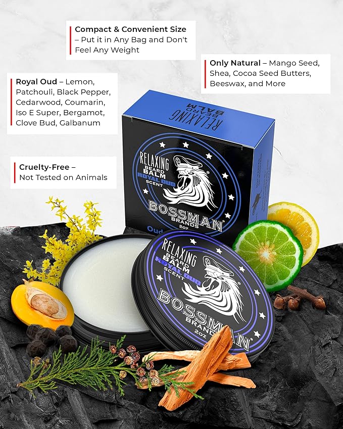 Bossman Relaxing Beard Balm for Men (Royal Oud Scent) – Tames, Relaxes, Thickens & Softens for Ultimate Beard Care – Made in USA
