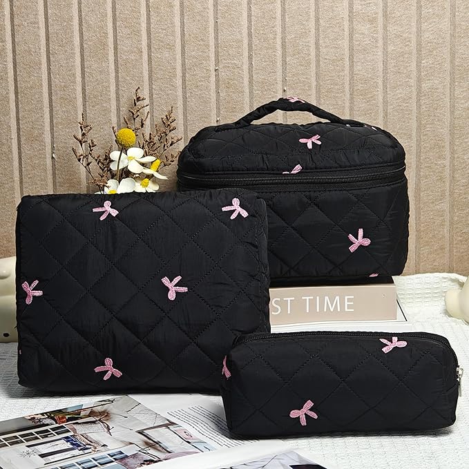 3Pcs Quilted Makeup Bag, Cute Floral Cotton Cosmetic Bag set, Coquette Bow Makeup Pouch Large Travel Toiletry Bag