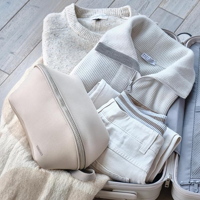 LINE+ARC Machine-Washable Neoprene Toiletry Bag (Granite) Modern Gray Heather Dopp Kit Soft Insulation Cosmetics Makeup Travel Skincare Shaving Large Case Men Women Overnight Easy-to-Clean