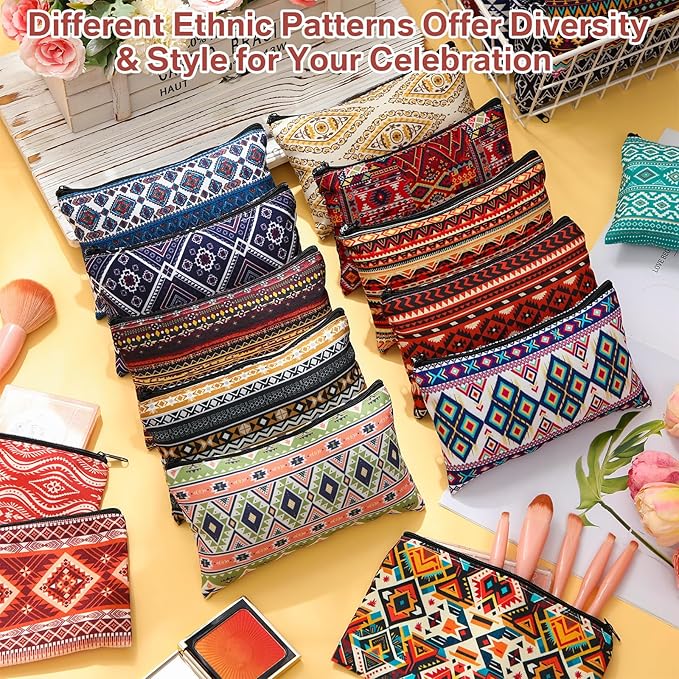 24 Pieces Makeup Bags Bulk Canvas Cosmetic Bags Purse Organizer Zipper Cosmetic Pouch Portable Travel Toiletry Pouch for Women Men Gifts, 7 x 4 Inch(Ethnic)