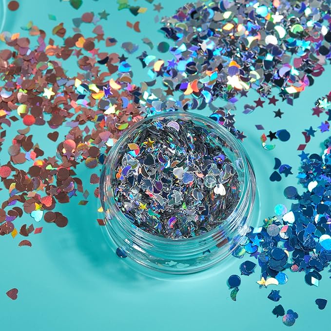 Holographic Glitter Shapes by Moon Glitter – 100% Cosmetic Glitter for Face, Body, Nails, Hair and Lips - 0.10oz - Set of 5 colours