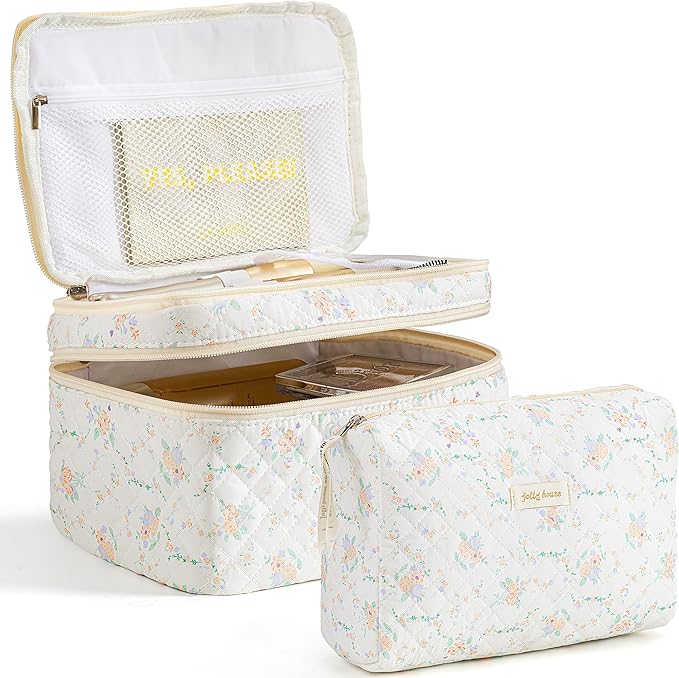 HBselect 2Pcs Travel Makeup Bag, Large Cotton Quilted Makeup Bag Cosmetic Bag Cute Make up Bag Toiletry Bags for Women Girls