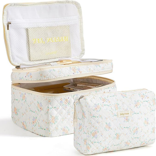 HBselect 2Pcs Travel Makeup Bag, Large Cotton Quilted Makeup Bag Cosmetic Bag Cute Make up Bag Toiletry Bags for Women Girls