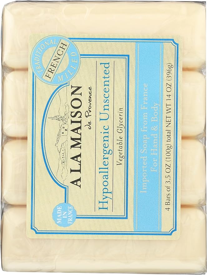 A LA MAISON Unscented Natural Goat Milk Bar Soap - Triple French Milled Unscented Natural Moisturizing Hand Soap Bar (4 Bars of Soap, 3.5 oz)