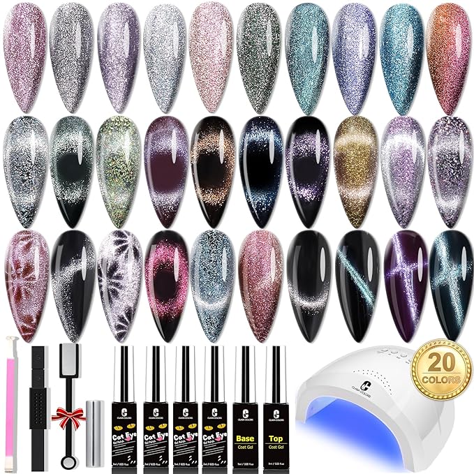 Clara Colors Cat Eye Gel Nail Polish Set - UV Light, 20 Colors Magnetic & Holographic Glitter Galaxy Series - Cat Eye Gel Polish Kit with 4 Magnets, Black & White Base & Top Coat