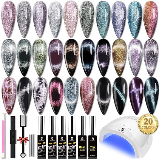 Clara Colors Cat Eye Gel Nail Polish Set - UV Light, 20 Colors Magnetic & Holographic Glitter Galaxy Series - Cat Eye Gel Polish Kit with 4 Magnets, Black & White Base & Top Coat