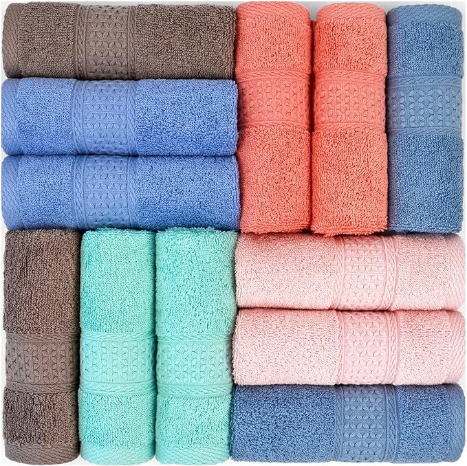 Cleanbear Wash Cloths 12 Pack for Body and Face, Bulk Wash Cloth with Assorted Colors Soft Washcloths 13 by 13 Inches (12 Pieces 6 Colors)