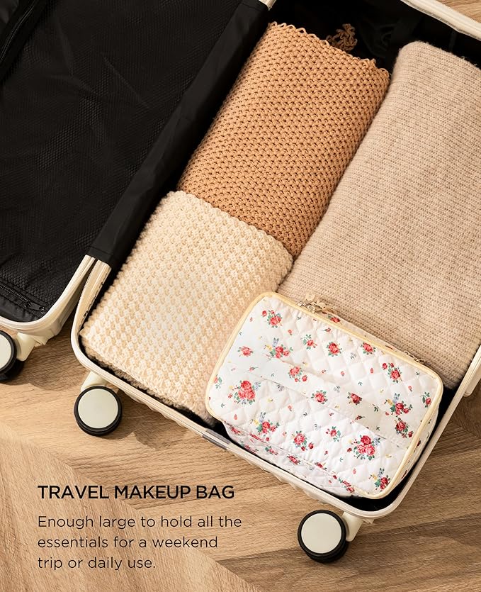 HBselect 2Pcs Travel Makeup Bag, Large Cotton Quilted Makeup Bag Cosmetic Bag Cute Make up Bag Toiletry Bags for Women Girls