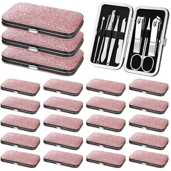 Lasnten 24 Set Manicure Set Bulk Nail Clippers Grooming Nail Kit Stainless Steel Professional Pedicure Kit Pedicure Tools with Travel Case Gifts for Men Women Personal(8 in 1,Shiny Pink)