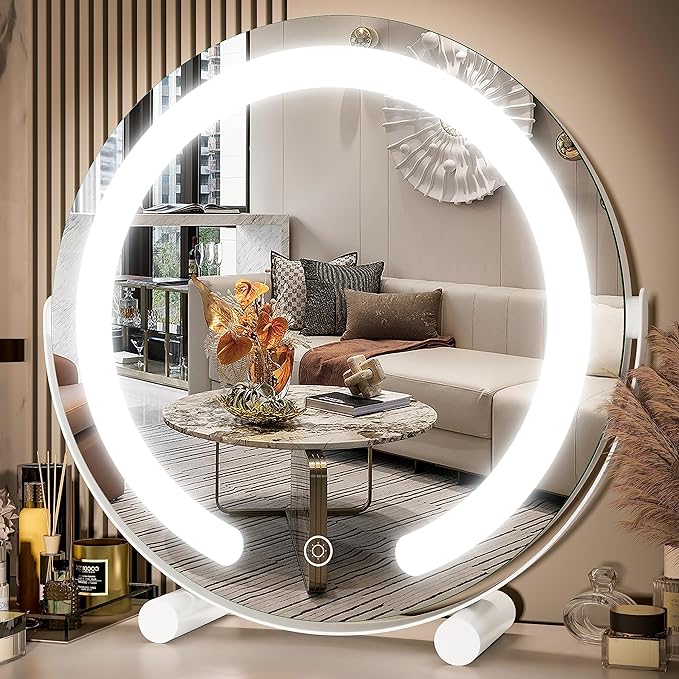 FENNIO Vanity Mirror with Lights, 13 inch COB LED Lighted Makeup Mirror, Round Makeup Mirror with Lights with 3-Color Lighting, 360° Rotation, Dimmable for Tabletop, Bedroom