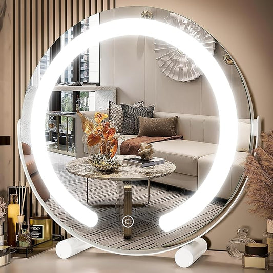 FENNIO Vanity Mirror with Lights, 13 inch COB LED Lighted Makeup Mirror, Round Makeup Mirror with Lights with 3-Color Lighting, 360° Rotation, Dimmable for Tabletop, Bedroom