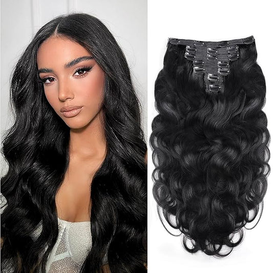 Clip in Hair Extensions 100% Remy Virgin Human Hair Extensions 7pcs Per Set with 16 Clips 100g Natural Black Hair Extensions Double Weft Body Wave Hair Invisible (22 Inch, Natural Color #1B)