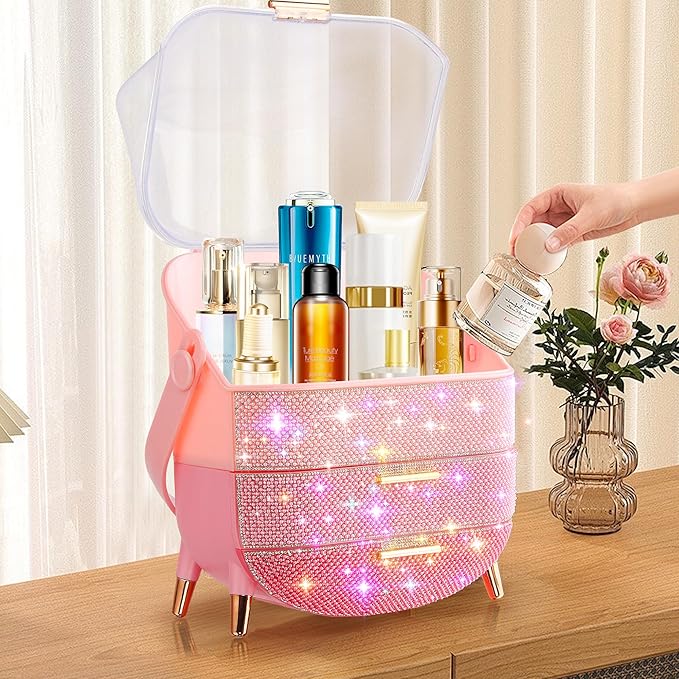 Bling Makeup Organizer for Teen Girl Gift,Hollywood Vanity Makeup Storage Box for Girl Birthday Gift,Practical Gift for Daughter,Bathroom Organizer,Skincare Organizer (Triple Pink)