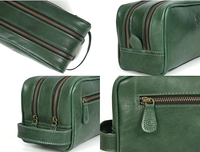 Aaron Leather Goods Leather Toiletry Bag for Men and Women Brown 10.5 Inch (Green)