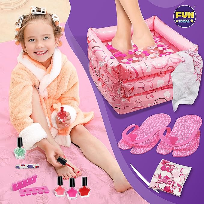 Kid Foot Spa Kit, Funkidz Pedicure Set for Girls Size 17.91Wx12.4L Box Includes Bigger Inflatable Durable Foot Tub Inflator Pump Peelable Nail Polish Supplies of Sleepover Slumber Party Kit