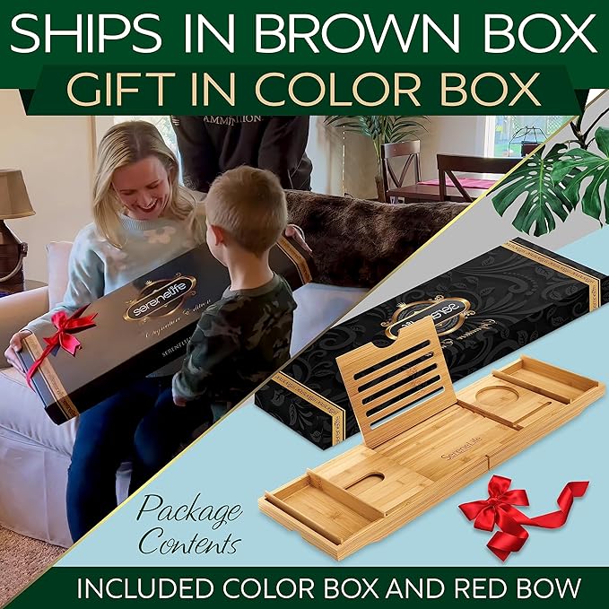 SereneLife Bath Caddy Breakfast Tray Combo with Gift Box-Natural Bamboo Wood Waterproof Bath Tub Caddy and Bed Tray with Folding Slide-Out Arms,Device Grooves,Wine Glass and Soap Holder