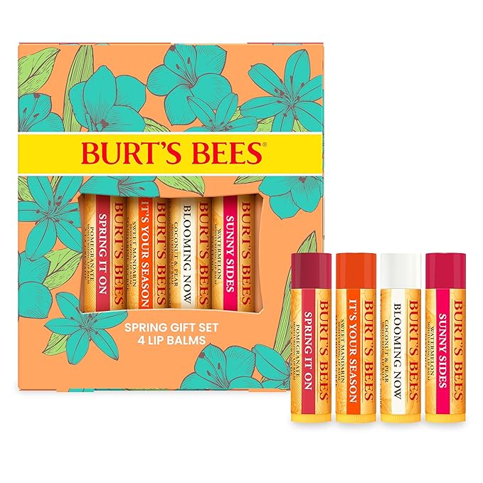 Burt's Bees Lip Balm - Just Picked Gifts Set with Pomegranate, Watermelon, Sweet Mandarin, Coconut and Pear Natural Lip Treatment Tubes, 4, 0.15 oz.