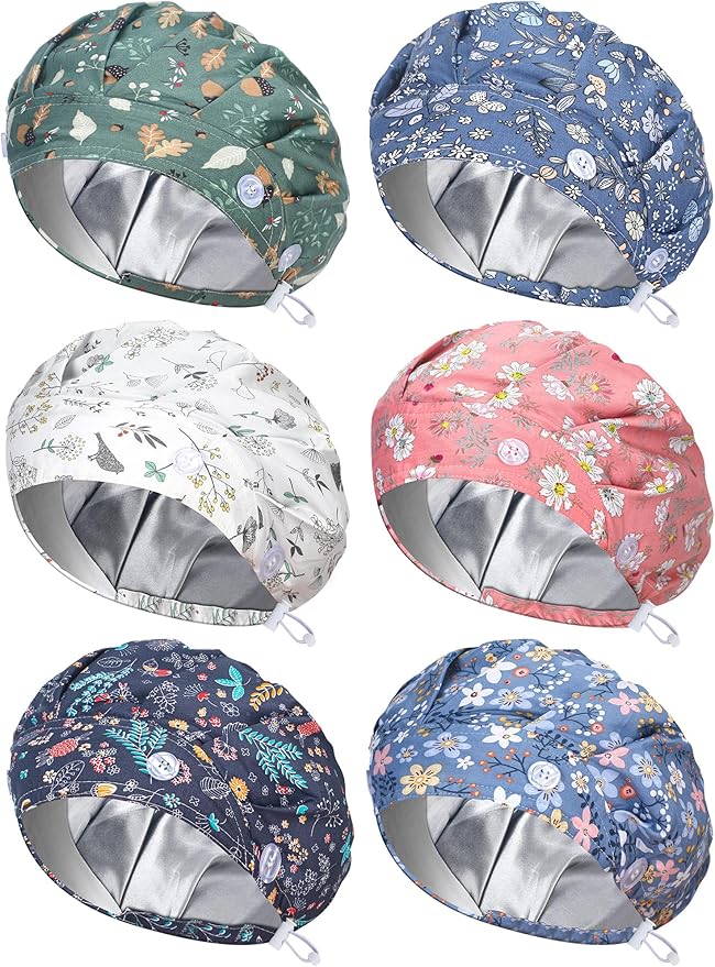 6 Pcs Satin Lined Scrub Caps Women Nurse Surgical Hat with Buttons Ponytail Working Adjustable Pouch Tie Back