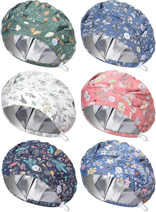6 Pcs Satin Lined Scrub Caps Women Nurse Surgical Hat with Buttons Ponytail Working Adjustable Pouch Tie Back