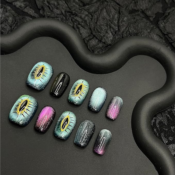 Nails Handmade Press On Nail.Magnetic Press On Nail Short Square Cat Eye Fake Nails with Charm Design,Reusable Glue On Nail for Woman Gift,Set of 10pcs Lasting Acrylic False Nail Art (012 L)