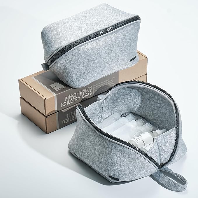 LINE+ARC Machine-Washable Neoprene Toiletry Bag (Granite) Modern Gray Heather Dopp Kit Soft Insulation Cosmetics Makeup Travel Skincare Shaving Large Case Men Women Overnight Easy-to-Clean