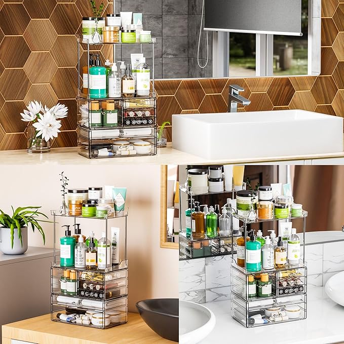 3 Tier 6-Drawer Bathroom Counter Organizer Shelf - Stackable Design - 18.9" Tall Large Cosmetic Organizer Suitable as Makeup,Beauty,Face Product,Lotion,Skincare Organizer,Clear
