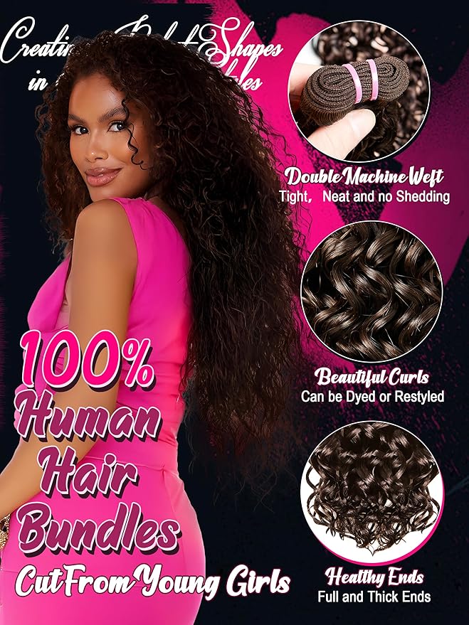 Human Hair Bundles 4 Bundles Hair Extensions 16 18 20 22 Inch Water Wave 100% Unprocessed Curly Brazilian Virgin Hair Wet and Wavy Human Hair Brown #4