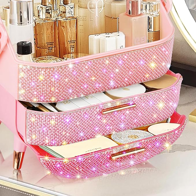 Bling Makeup Organizer for Teen Girl Gift,Hollywood Vanity Makeup Storage Box for Girl Birthday Gift,Practical Gift for Daughter,Bathroom Organizer,Skincare Organizer (Triple Pink)