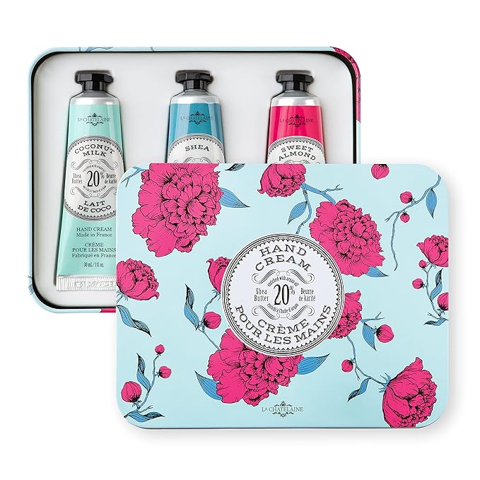 La Chatelaine 20% Shea Butter Hand Cream Travel Size Tin, Gift Set for Women, Nourishing Hand-Care Set for Mother's Day (Coconut Milk, Shea, Lychee Cranberry)