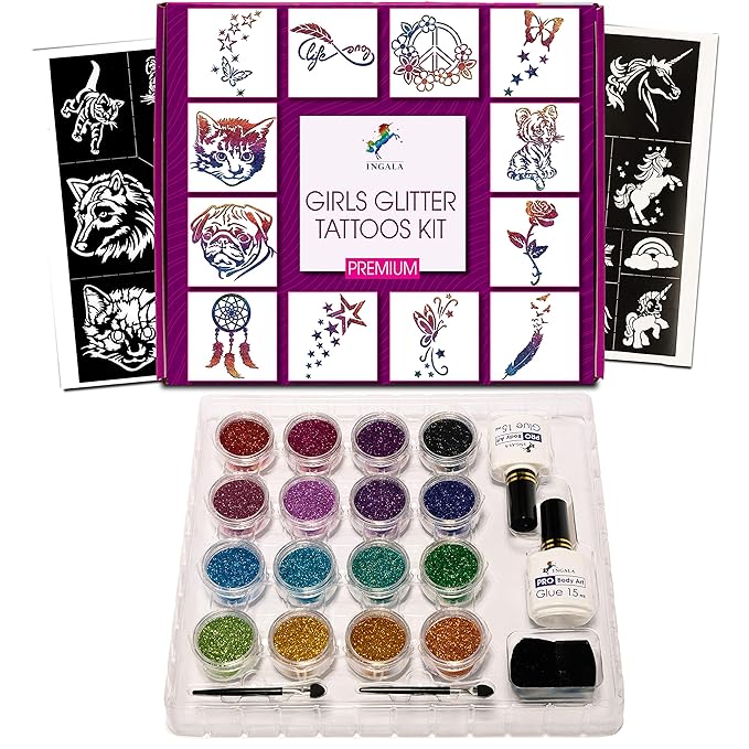 Premium Glitter Temporary Tattoo Kit for Girls, 74 Stencils, 16 Colors and 2X 0.5 fl.oz Body Glue for Body Glitter Fake Tattoos for Kids Makeup Tattoo Supplies Party Favors Party Supplies for Girls