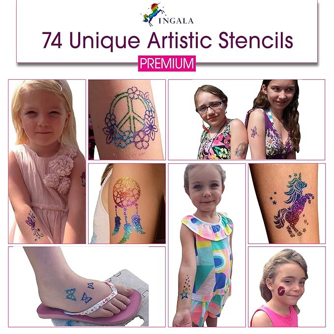 Premium Glitter Temporary Tattoo Kit for Girls, 74 Stencils, 16 Colors and 2X 0.5 fl.oz Body Glue for Body Glitter Fake Tattoos for Kids Makeup Tattoo Supplies Party Favors Party Supplies for Girls