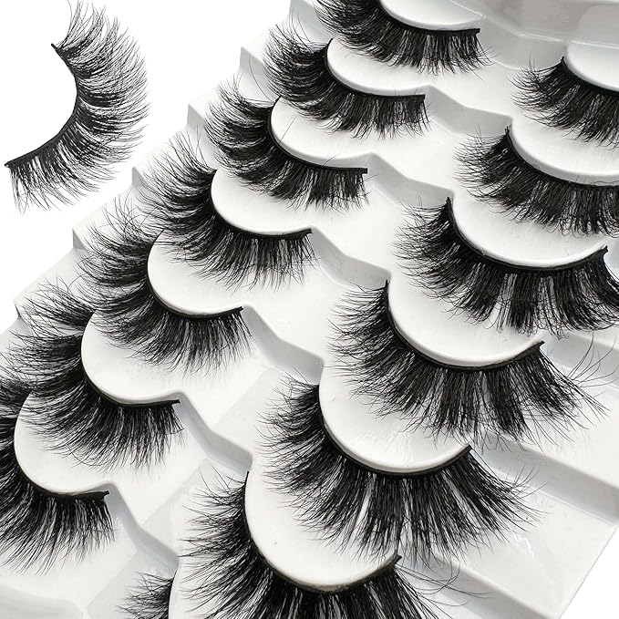 NINGLASH Lashes Strips Cat Eye Fluffy False Eyelashes 18mm Lash Pack Full Wispy Lashes 9D Volume Curly Fake Eyelash 7 Pairs Thick Faux Mink Lashes Multipack