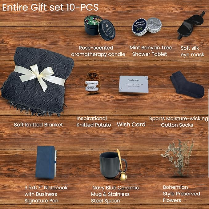 Birthday Gift Basket for Men & Women, Cancer Care Gift Box,Thank You Gifts Set,Sympathy Gift/Comfort Gift for Birthday, Surgery Recovery, Encouragement, Get Well Soon (Grey & Navy Blue)