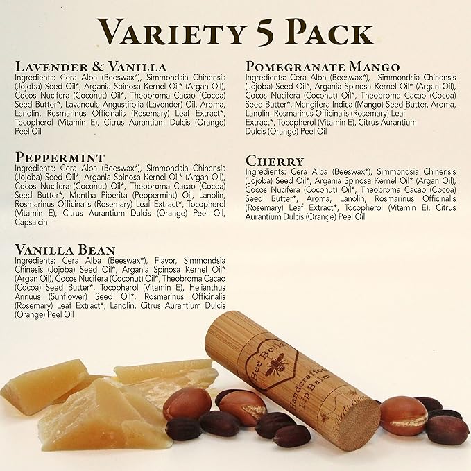 Bee Bella Lip Balm Variety 5 Pack Gift Set, Cherry, Pomegranate Mango, Vanilla Bean, Peppermint, & Lavender Vanilla, Easter Basket Gift, Organic Beeswax with Vitamin E, Handmade in USA