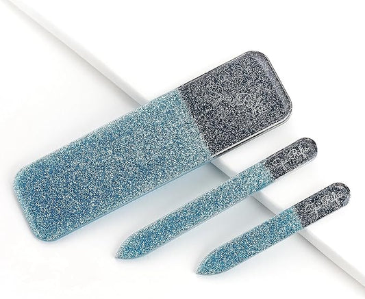 Spa-Rific 3pc Nano File Set: Professional Heavy Duty Glass Nail Files with Case Kit - Reusable Crystal Fingernail Manicure and Pedicure Tools for Men, Women, and Adults - Ice Blue Shimmer