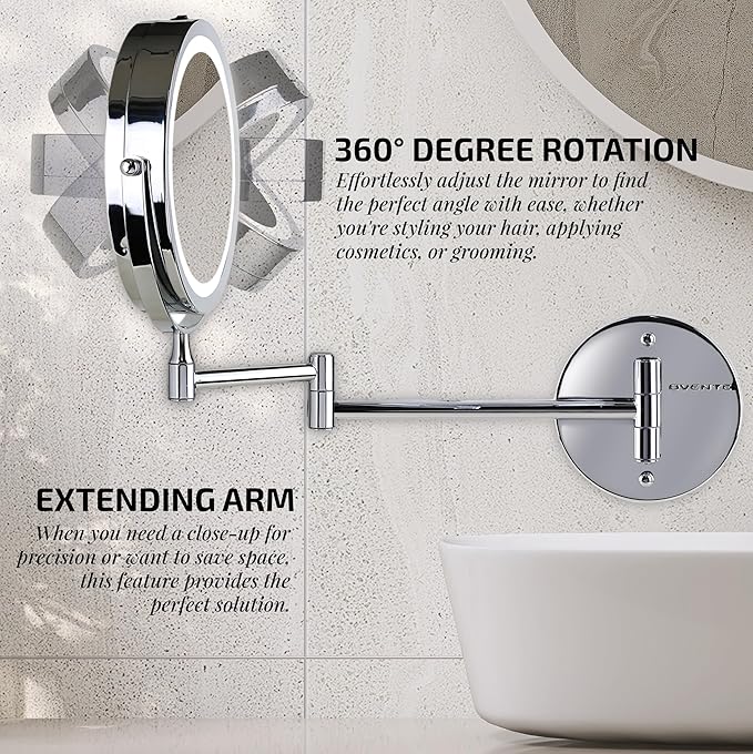 OVENTE 7" Lighted Wall Mount Makeup Mirror with 1X/10X Magnification, Cordless Double Sided Magnifying Round Vanity Mirror, 360° Swivel Design, Extendable and Folding Arm, Polished Chrome MFW70CH1X10X