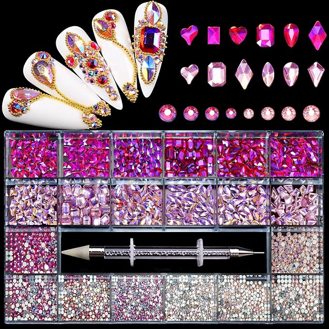 12 Types of Pink AB 600 Diamonds + 2500 Flat Rhinestones Mix 20 Styles Flatback DIY Crafts Rhinestone Crystals 3D Decorations Flat Back Stones Set + Rhinestone Picker Wax Pen