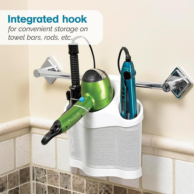 Polder Style Station, Tool Organizer for Hair Dryer, Curling Iron, and Straightener, Easy-to-Store Hair Styling Station, White and Silver