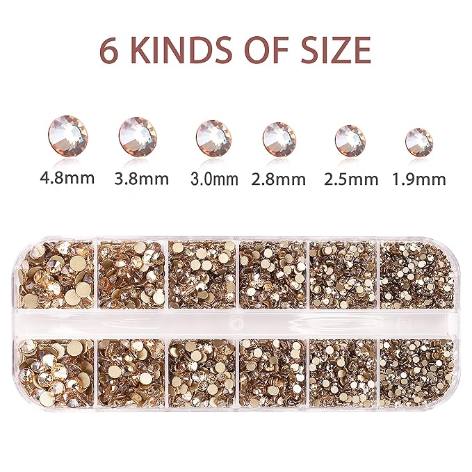 2400 Pieces Flat Back Rhinestones Round Crystal Gems 6 Sizes (1.5-4.8 mm) Nail Jewels Craft Glass Diamonds Stones Kit with Tweezers and Picking Pen, for Nail Art Eye Makeup (Gold Shadow)