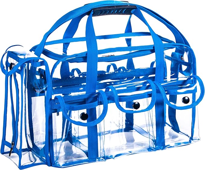 Wide Opening Large Professional Clear PVC Travel Makeup Artist Set Cosmetic Nails Beauty Transparent Vinyl Tool Organizer Work Beach Diaper Bag With 6 External Pockets & Strap (Blue)