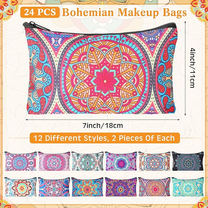 24 Pieces Makeup Bags Bulk Canvas Cosmetic Bags Purse Organizer Zipper Cosmetic Pouch Portable Travel Toiletry Pouch for Women Men Gifts, 7 x 4 Inch (Mandala)