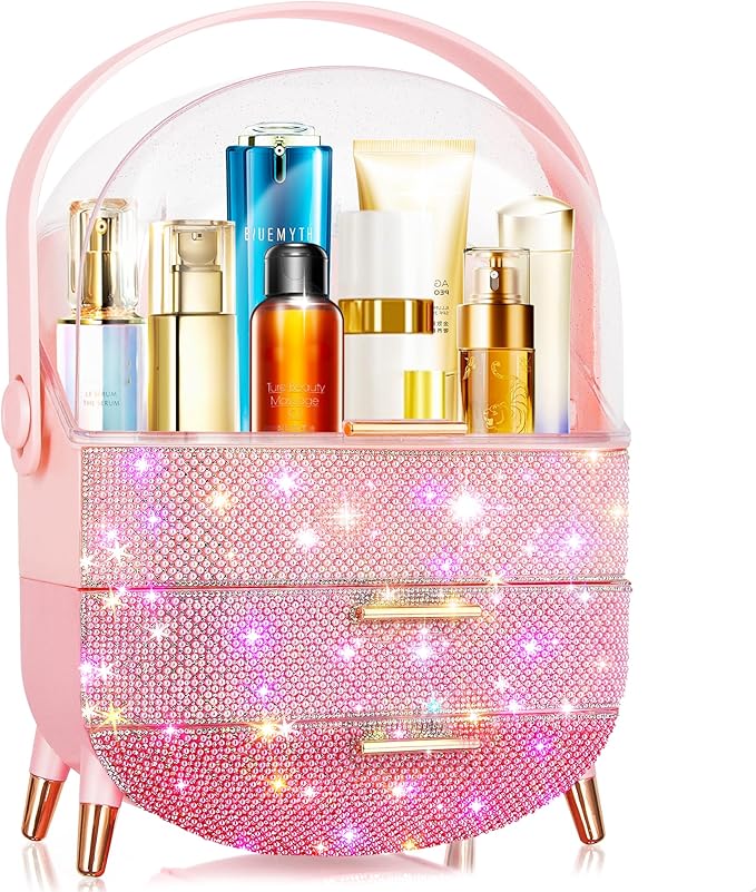 Bling Makeup Organizer for Teen Girl Gift,Hollywood Vanity Makeup Storage Box for Girl Birthday Gift,Practical Gift for Daughter,Bathroom Organizer,Skincare Organizer (Triple Pink)