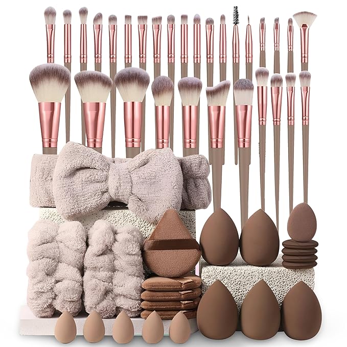 Professional Makeup Tools Set, 54pcs set Cosmetic Brush & Sponge & Puff & Headband & Brush Cleaning Bow Set,Facial Makeup & Cleaning Accessories, Makeup Products, Valentine Day Gift for her