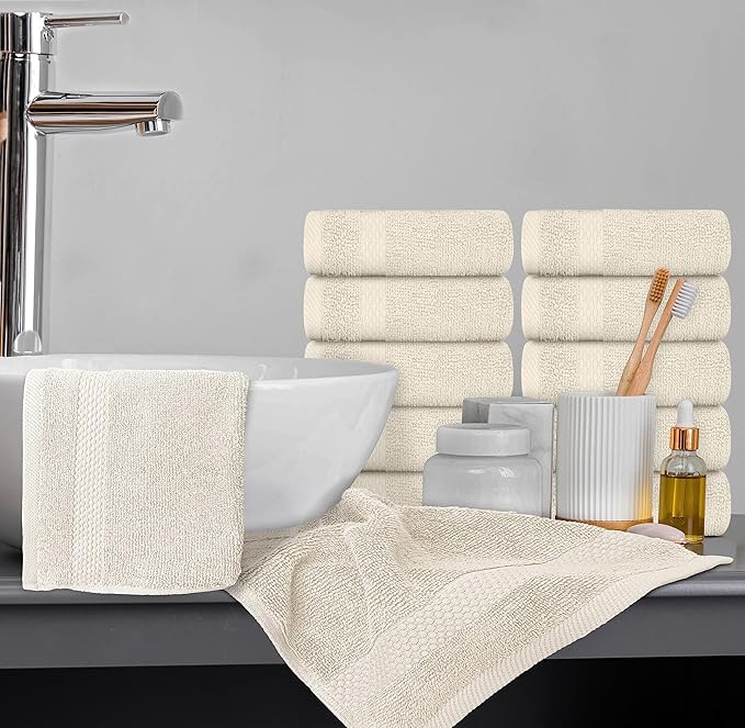 White Classic Luxury Washcloths for Bathroom-Hotel-Spa-Kitchen-Set - Circlet Egyptian Cotton - Highly Absorbent Hotel Quality Face Towels - Bulk Set of 12-13x13 Inch (Ivory)