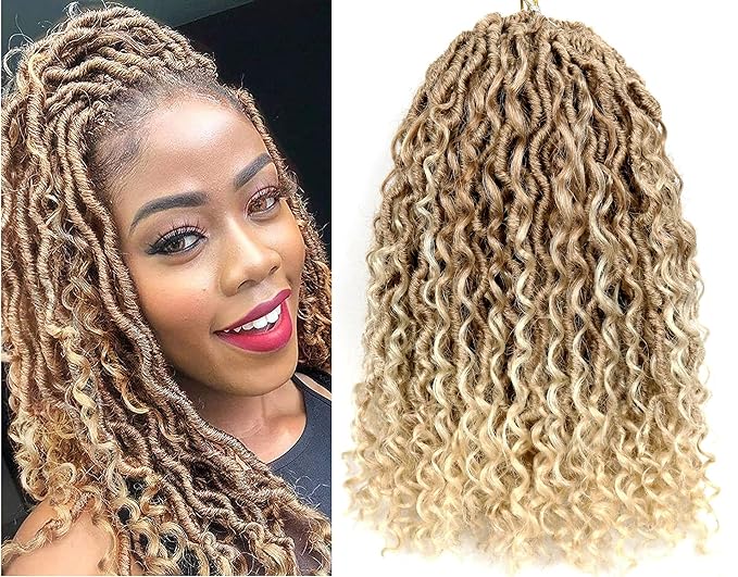 Aipin Goddess Locs Crochet Hair 14 Inch Boho River Locs Hippie Locs Wavy Crochet With Curly Hair In Middle And Ends Braids Hair Extensions (7Packs,14 inch,T27/613)
