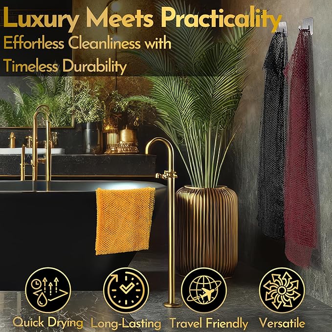 African Net Sponge – Exfoliating Long Nylon Bath Cloth, 3 Pack, Durable Body and Back Scrubber, Dead Skin Remover for Women and Men, Quick Dry, Luxury Skin Care (Black, Yellow, Burgundy)