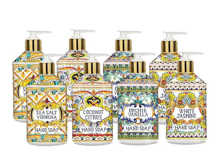 Villa Flora Hand Soap Set, 8 x 21.5oz bottles - Sea Salt Verbena, Coconut Citrus, Orchid Vanilla, and White Jasmine. Home and Body Company